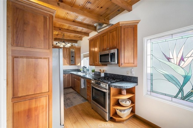 kitchen featuring light wood-type flooring, stainless steel appliances, beamed ceiling, and wood ceiling