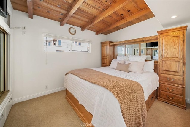 carpeted bedroom featuring wooden ceiling and vaulted ceiling with beams