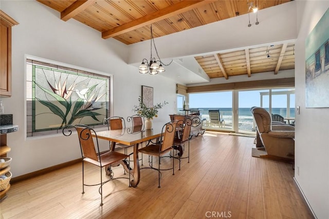 dining area with a water view, beamed ceiling, wooden ceiling, and light wood-type flooring