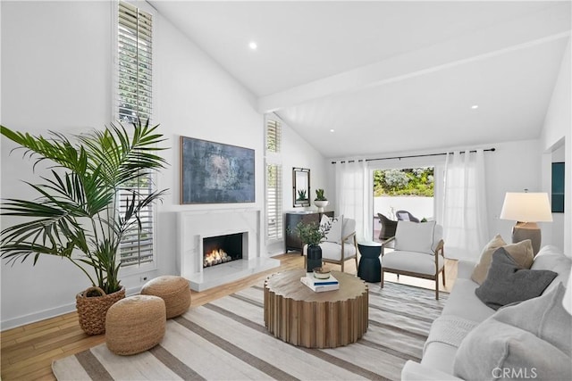 living room with a fireplace, high vaulted ceiling, and light wood-type flooring