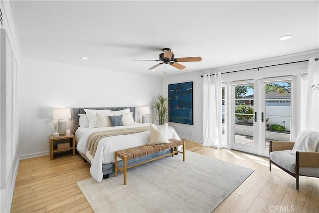 bedroom featuring ceiling fan, access to exterior, crown molding, and light hardwood / wood-style floors