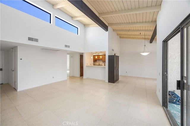 1150 E Palm Canyon Dr Unit 51, Palm Springs, CA 92264 - unfurnished living room with a high ceiling and wood ceiling with exposed beams