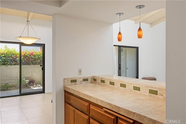 1150 E Palm Canyon Dr Unit 51, Palm Springs, CA 92264 - bathroom with decorative backsplash, beamed ceiling, and tile patterned flooring