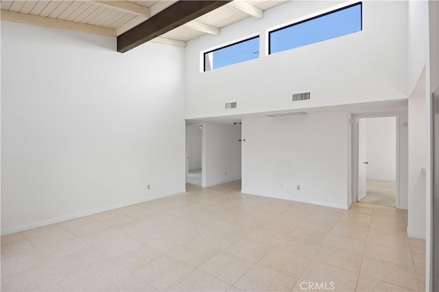 1150 E Palm Canyon Dr Unit 51, Palm Springs, CA 92264 - spare room featuring a towering ceiling, baseboards, and wooden ceiling with exposed beams