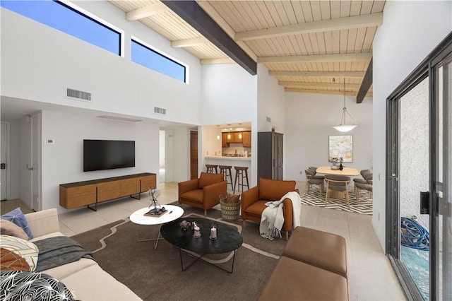 1150 E Palm Canyon Dr Unit 51, Palm Springs, CA 92264 - living room featuring a towering ceiling, wooden ceiling with exposed beams, and tile patterned floors