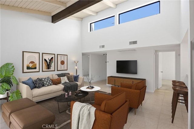 1150 E Palm Canyon Dr Unit 51, Palm Springs, CA 92264 - living area with a high ceiling, wood ceiling with exposed beams, and light tile patterned flooring