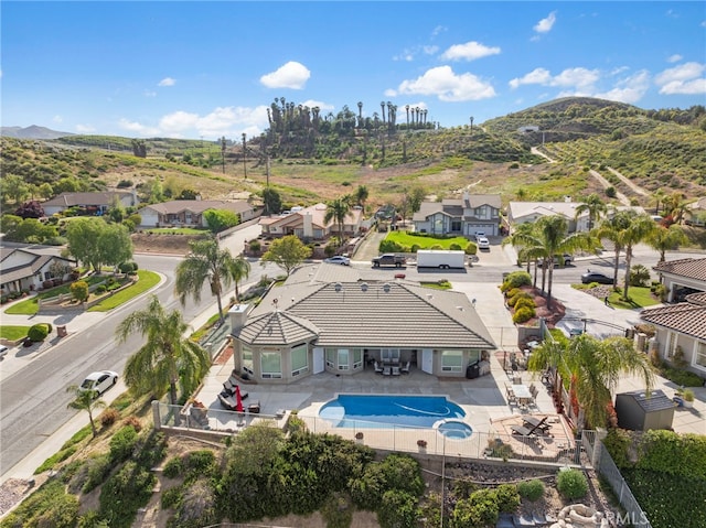 aerial view featuring a residential view and a mountain view