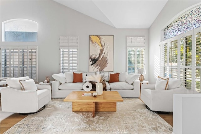 living room featuring high vaulted ceiling and wood-type flooring