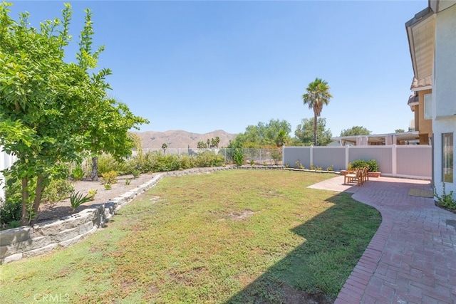 view of yard with a mountain view and a patio