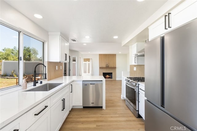 kitchen with tasteful backsplash, light wood-type flooring, stainless steel appliances, white cabinets, and sink