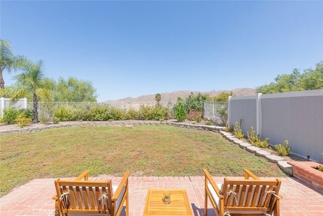 view of yard featuring a mountain view and a patio