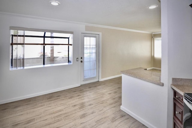 kitchen with light wood-type flooring, crown molding, and a wealth of natural light