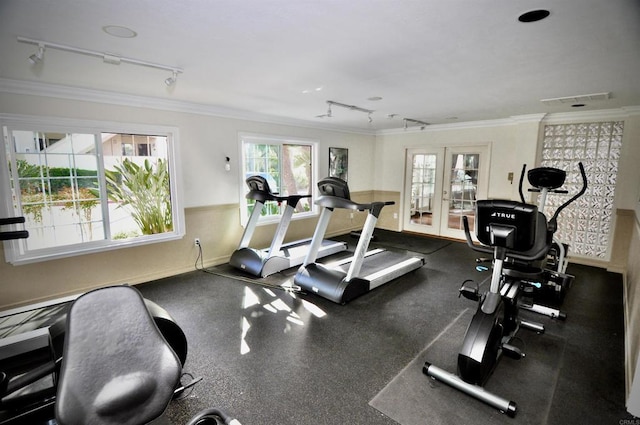 exercise room featuring track lighting, crown molding, and french doors