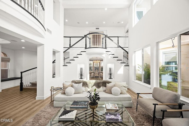 living room with a high ceiling and hardwood / wood-style floors