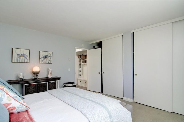 carpeted bedroom with two closets