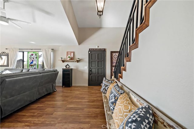 30451 San Pasqual Rd, Temecula, CA 92591 - foyer entrance with wood finished floors, ceiling fan, stairway, and baseboards