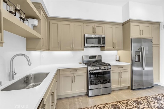 1632 Doheny Way, Dana Point, CA 92629 - kitchen featuring stainless steel appliances, a sink, open shelves, and light countertops