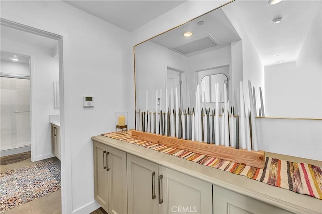 1632 Doheny Way, Dana Point, CA 92629 - full bath with a stall shower, vanity, recessed lighting, and baseboards