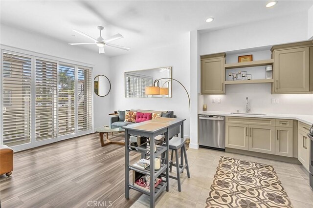 1632 Doheny Way, Dana Point, CA 92629 - kitchen with a sink, dishwasher, a ceiling fan, light countertops, and open shelves
