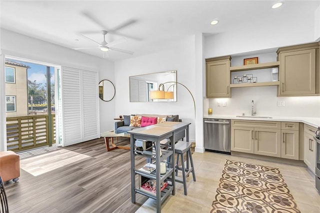 1632 Doheny Way, Dana Point, CA 92629 - kitchen with dishwasher, a sink, a ceiling fan, light countertops, and open shelves