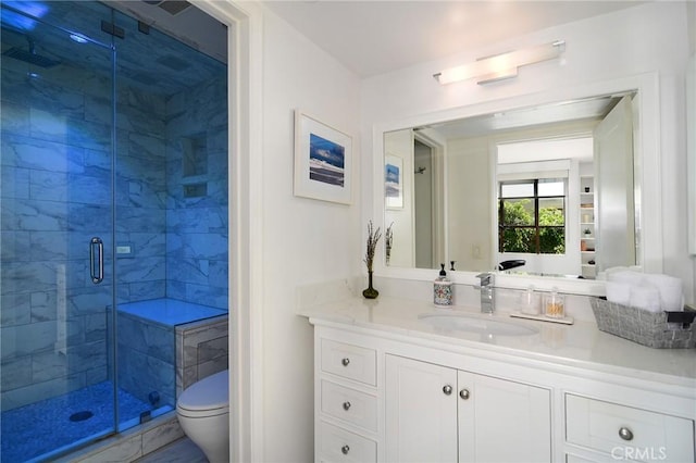 bathroom featuring toilet, an enclosed shower, and vanity