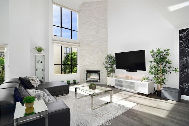 living room with wood-type flooring, a towering ceiling, and a fireplace