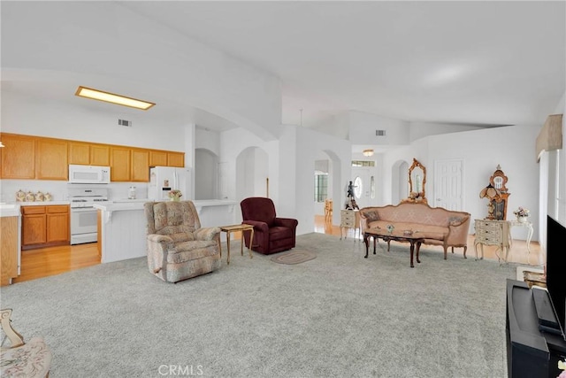 living room featuring light carpet and lofted ceiling