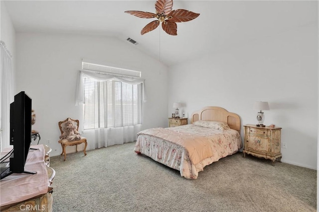 bedroom featuring lofted ceiling, ceiling fan, and carpet floors