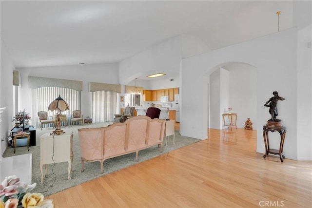 living room featuring lofted ceiling and light hardwood / wood-style flooring