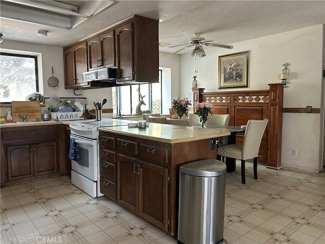 kitchen with extractor fan, a textured ceiling, electric range, ceiling fan, and dark brown cabinets