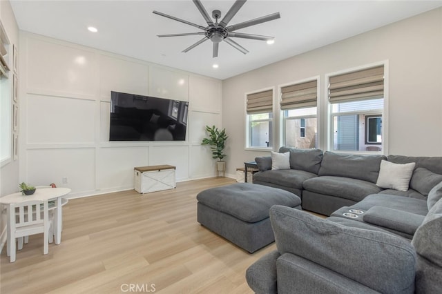 27717 Knoll View Pl, Valencia, CA 91381 - living room with light wood-type flooring, recessed lighting, ceiling fan, and a decorative wall