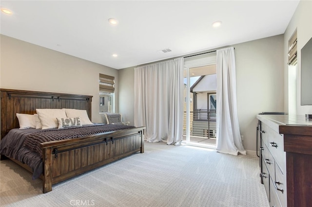 27717 Knoll View Pl, Valencia, CA 91381 - bedroom featuring visible vents, light carpet, recessed lighting, and access to exterior
