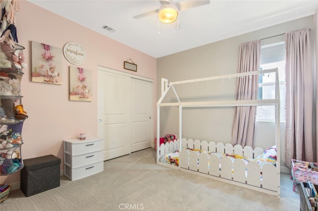 27717 Knoll View Pl, Valencia, CA 91381 - carpeted bedroom with a ceiling fan, visible vents, and a closet