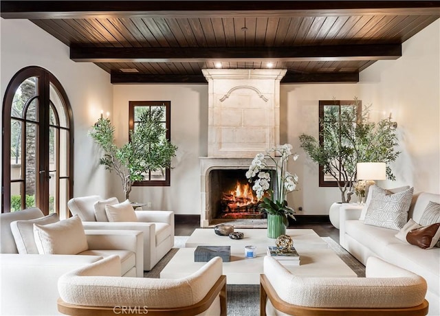 interior space with a premium fireplace, plenty of natural light, and wooden ceiling