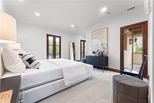 bedroom with light carpet, multiple windows, visible vents, and recessed lighting