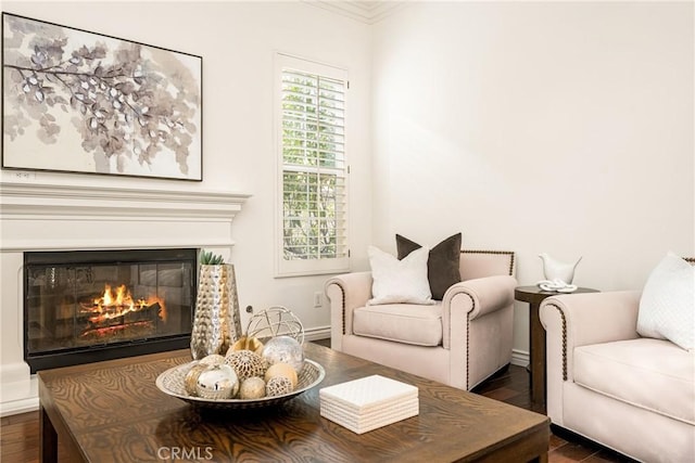 sitting room with dark wood-style floors, a glass covered fireplace, and baseboards