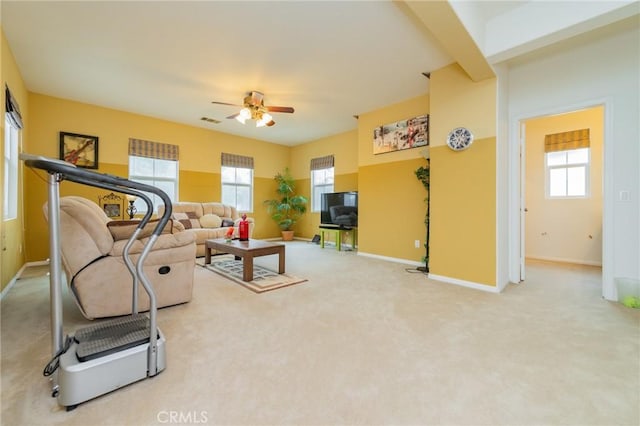 exercise area featuring ceiling fan and carpet floors