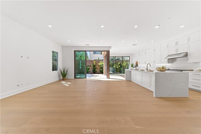 122 Appian Blvd, Irvine, CA 92602 - kitchen featuring an island with sink, under cabinet range hood, white cabinetry, and light wood-style flooring