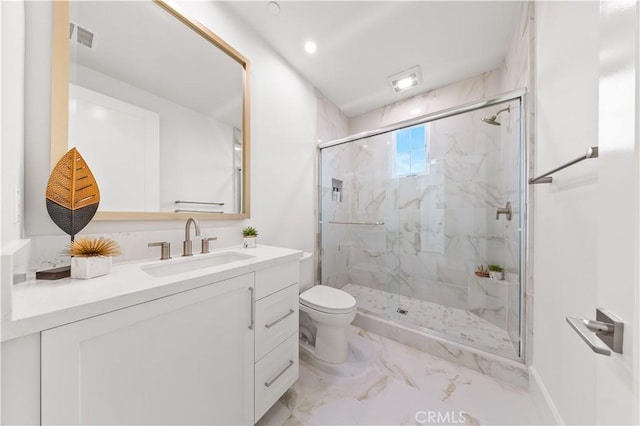 122 Appian Blvd, Irvine, CA 92602 - bathroom featuring marble finish floor, toilet, vanity, a marble finish shower, and baseboards