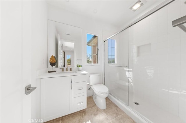 122 Appian Blvd, Irvine, CA 92602 - full bath with a shower stall, vanity, toilet, tile patterned flooring, and visible vents