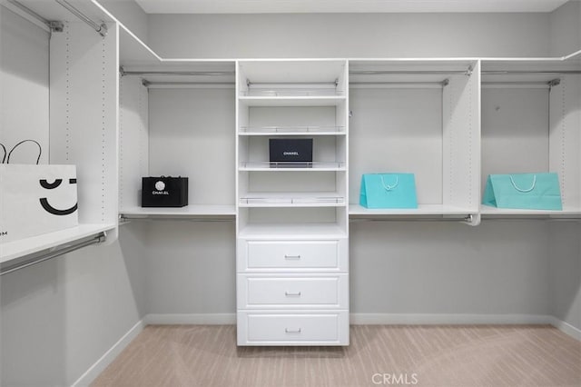 spacious closet featuring light carpet