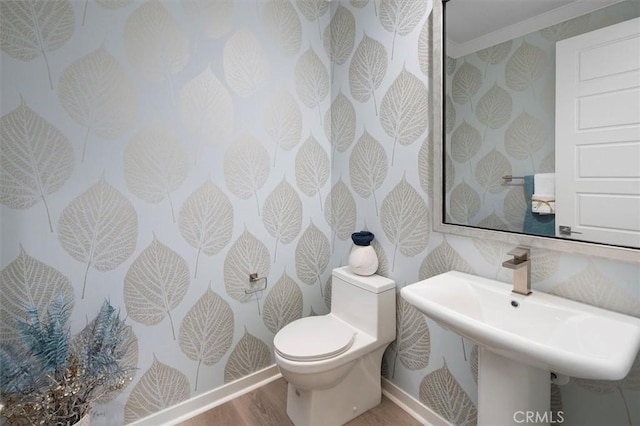 bathroom with wood-type flooring, ornamental molding, toilet, and sink
