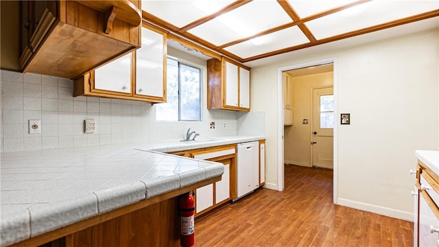 kitchen with light hardwood / wood-style flooring, white dishwasher, tasteful backsplash, tile countertops, and sink