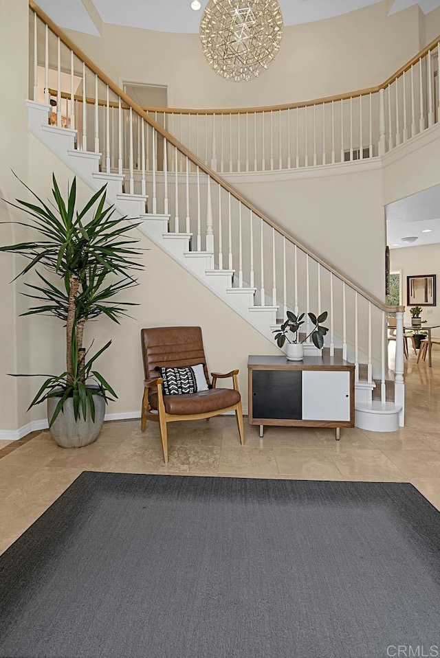 interior space featuring carpet and a towering ceiling