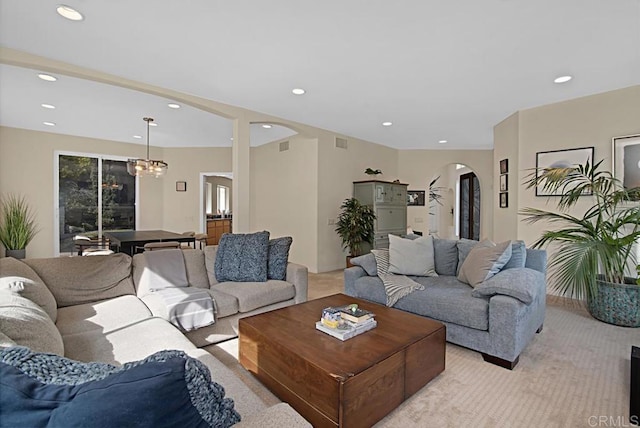 living room with light colored carpet