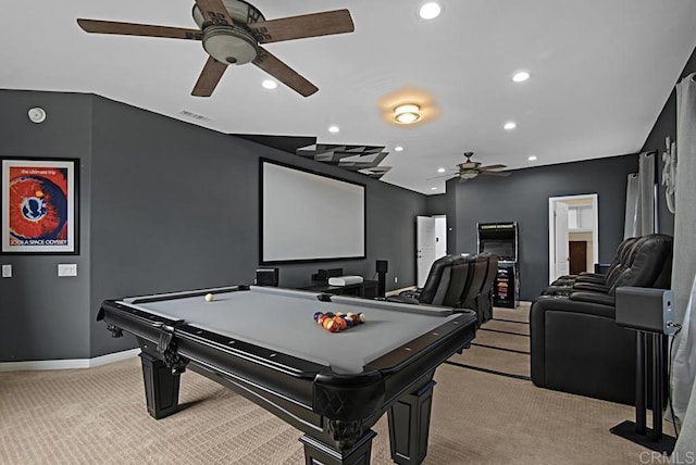 game room featuring light carpet, ceiling fan, and billiards