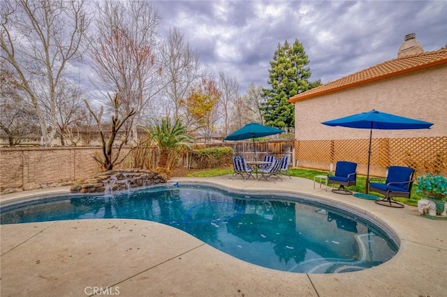 view of pool with a patio, a fenced backyard, and a fenced in pool