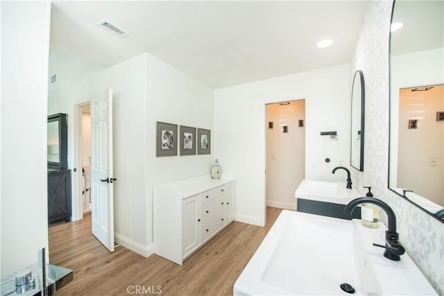 bathroom with hardwood / wood-style flooring and vanity