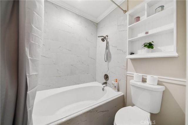 bathroom featuring ornamental molding, shower / bath combo, and toilet