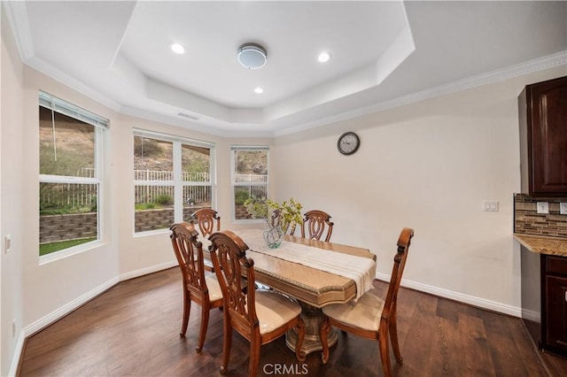 dining space with dark wood-style flooring, a raised ceiling, and baseboards